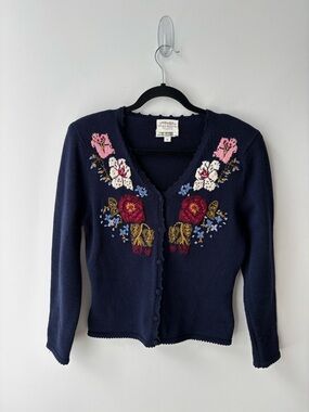 Susan Bristol Hand Embroidered Cardigan Floral Knit Cottagecore Navy Size Small